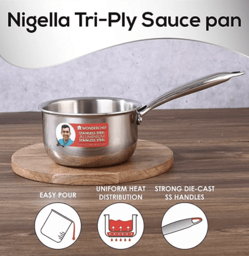 Wonderchef Nigella Tri-ply Stainless Steel 16 cm Sauce Pan | 1.5 Liters | 2.6mm Thickness | Silver |10 Years Warranty - Image 2